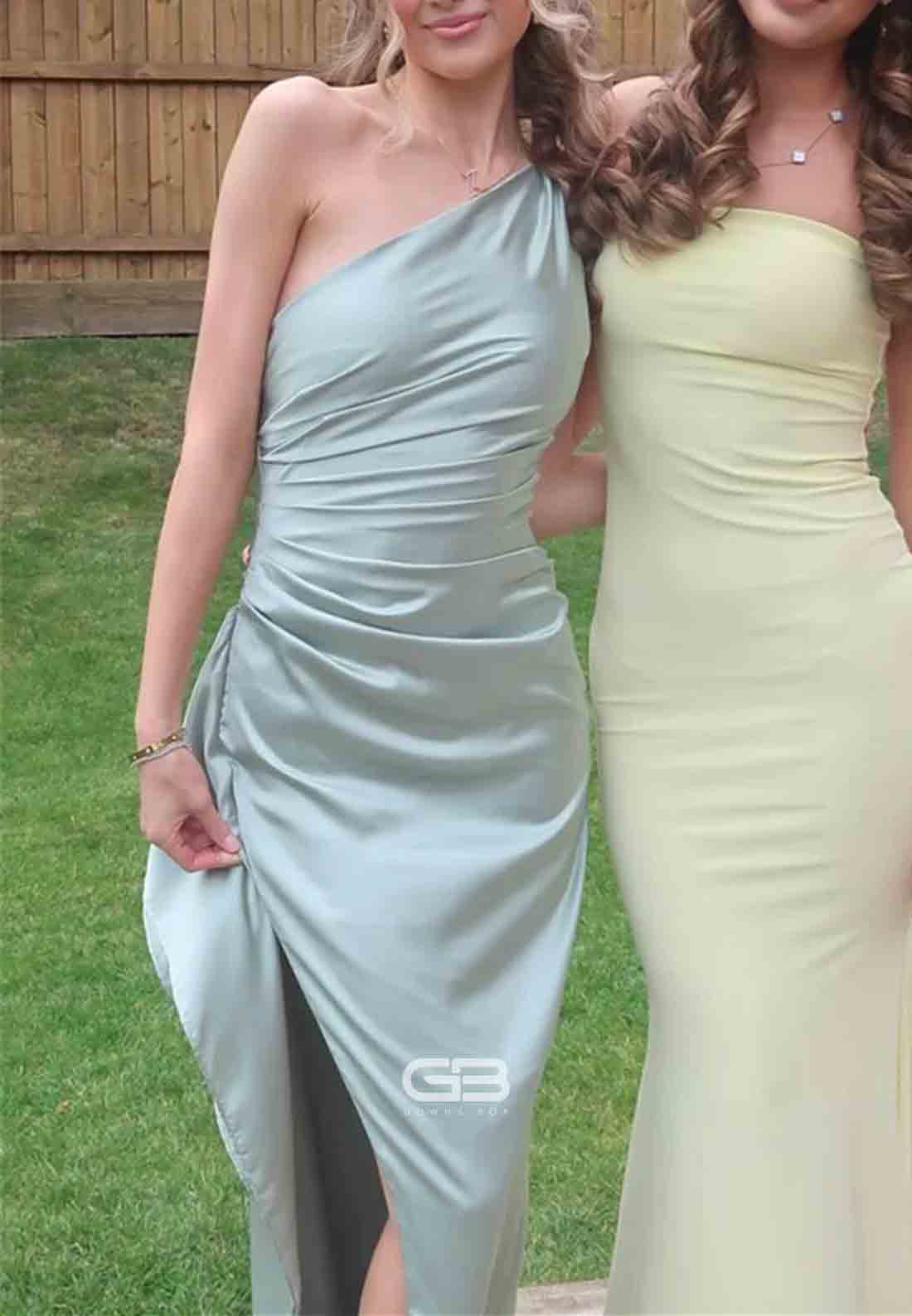 One Shoulder Blush Pink Ruched Long Prom Dress with Slit 