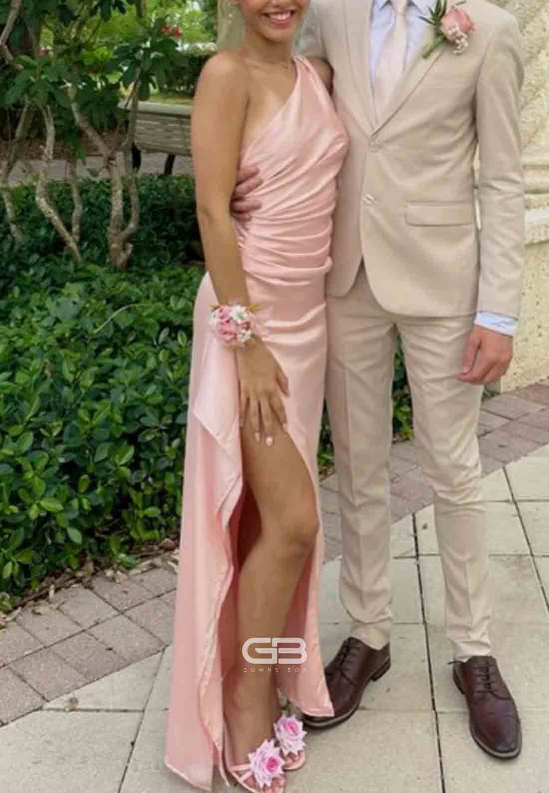 One Shoulder Blush Pink Ruched Long Prom Dress with Slit 