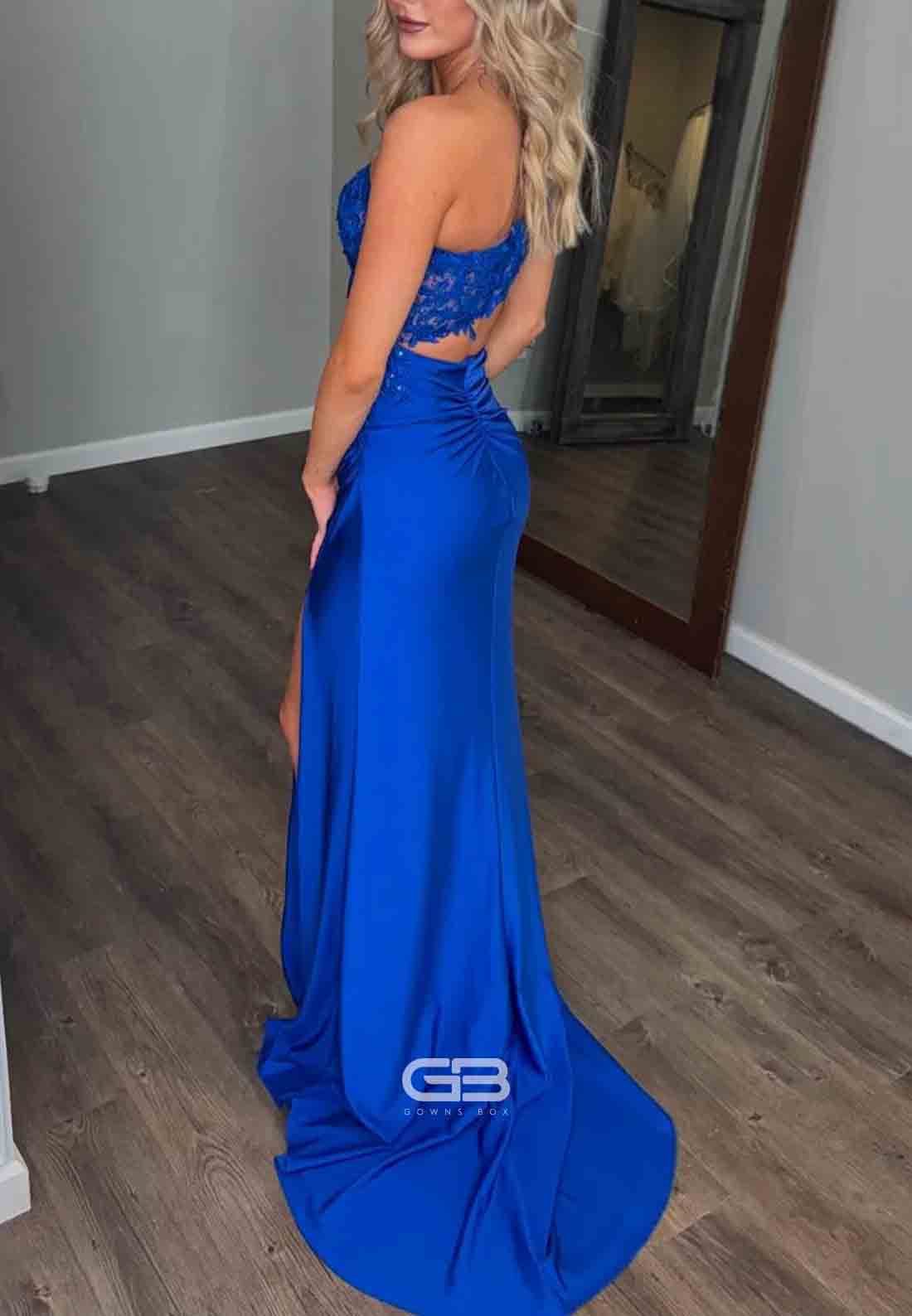 One Shoulder Royal Blue Split Pleated Appliques Long Prom Dress
