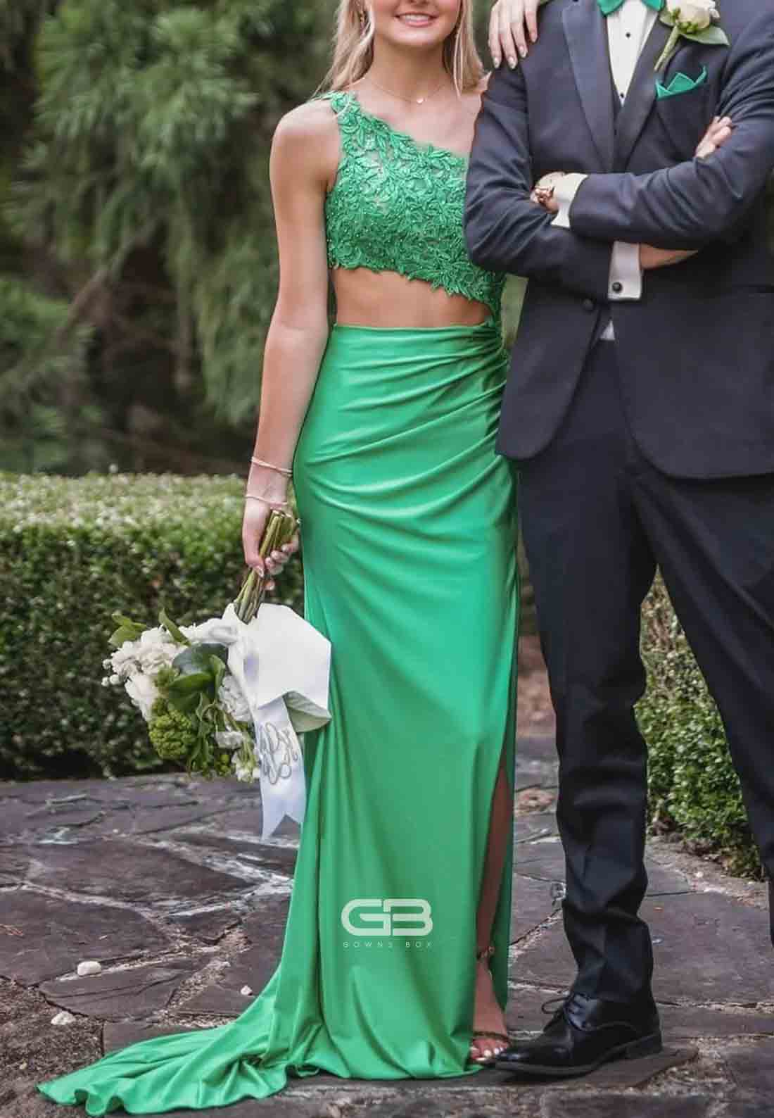 One Shoulder Royal Blue Split Pleated Appliques Long Prom Dress