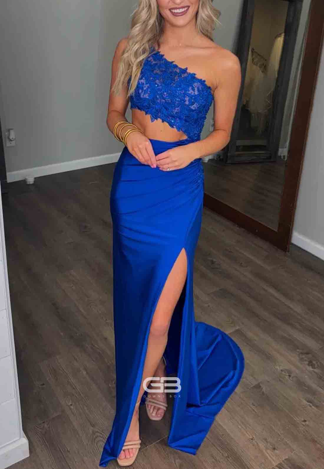 One Shoulder Royal Blue Split Pleated Appliques Long Prom Dress