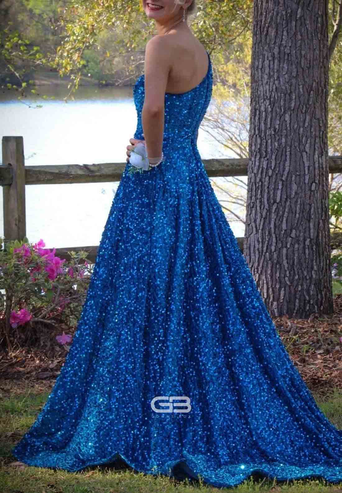 One Shoulder A-Line Royal Blue Sequined Long Prom Dress with High Slit
