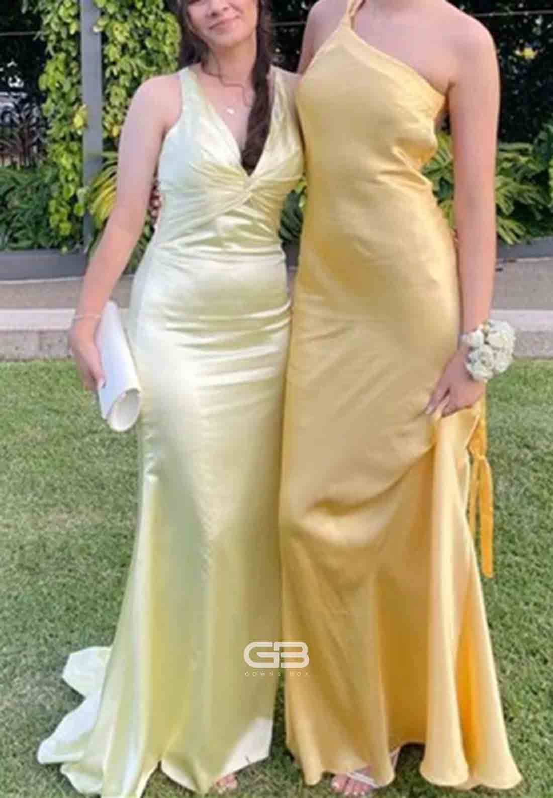 One Shoulder Yellow Open Back Sheath Long Prom Dresses