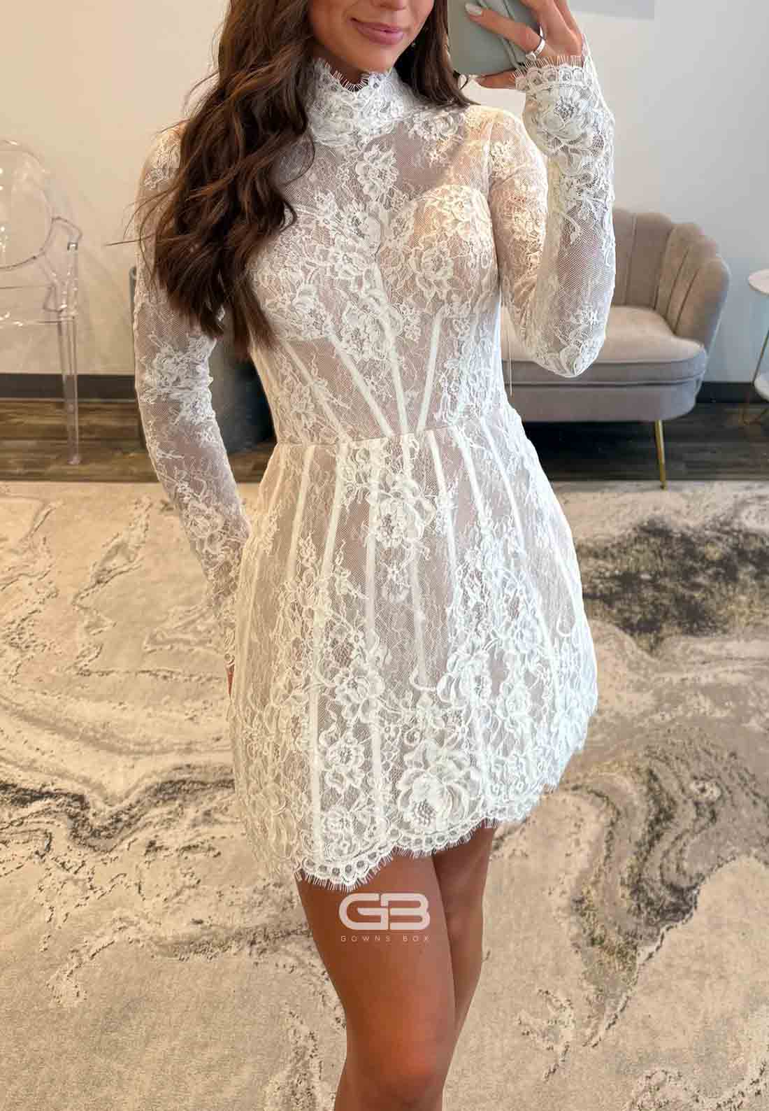 Gorgeous Long Sleeves High Neck Lace A-Line Short Homecoming Dress