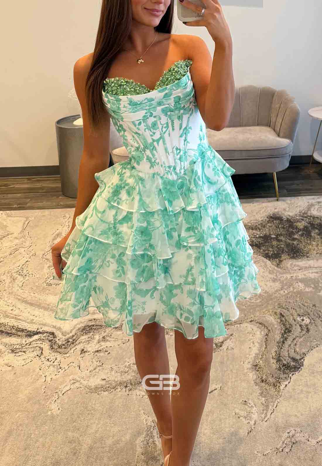 Turquoise Strapless A-Line Floral Print Short Homecoming Dress with Ruffles