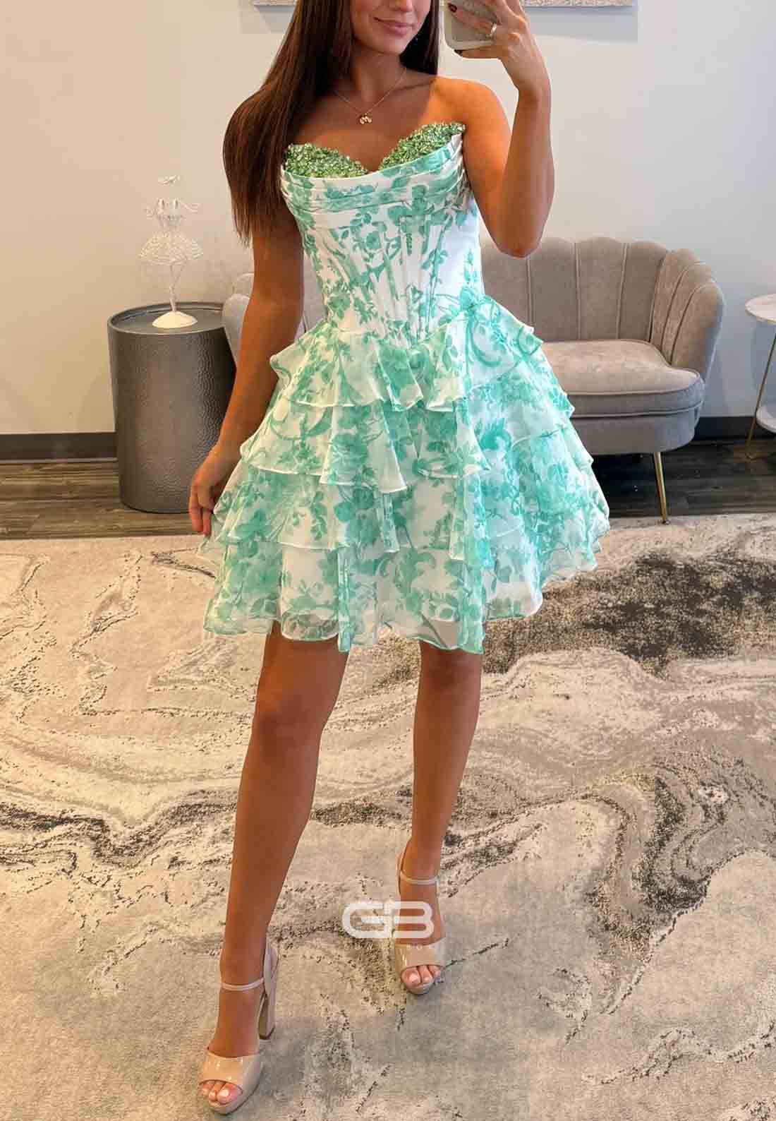 Turquoise Strapless A-Line Floral Print Short Homecoming Dress with Ruffles