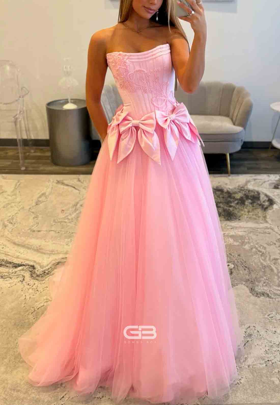 Tulle Pink A-Line Floor-Length Strapless Embroidery Prom Dresses