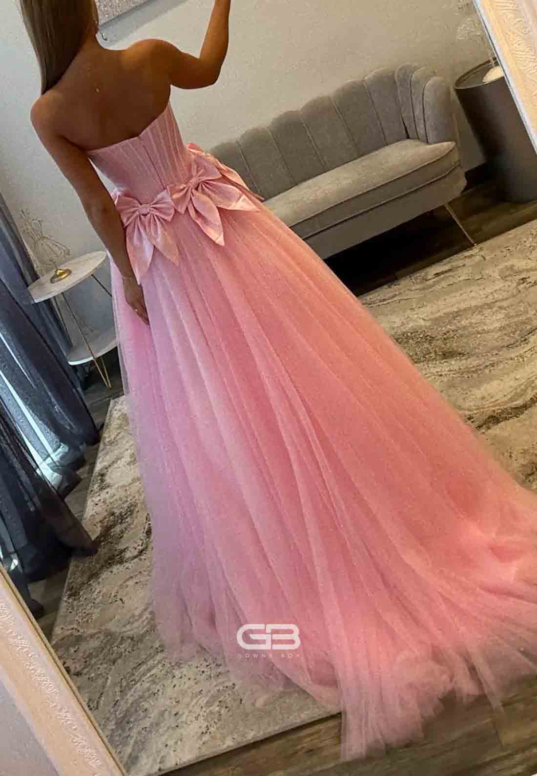 Tulle Pink A-Line Floor-Length Strapless Embroidery Prom Dresses