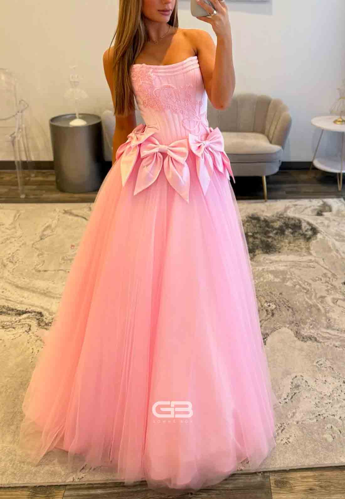 Tulle Pink A-Line Floor-Length Strapless Embroidery Prom Dresses