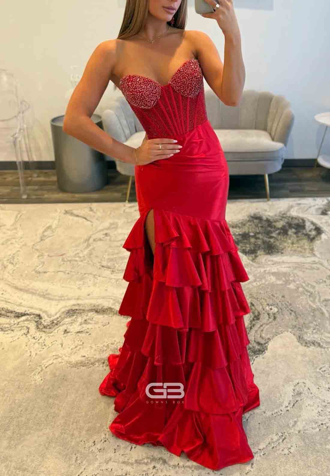 Low Back Beaded High Slit Strapless Floor-Length Prom Dresses with Ruffles