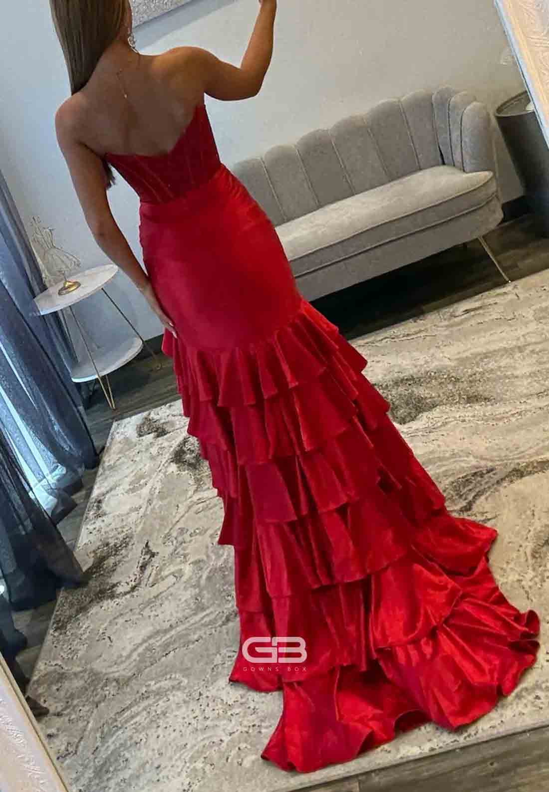 Low Back Beaded High Slit Strapless Floor-Length Prom Dresses with Ruffles