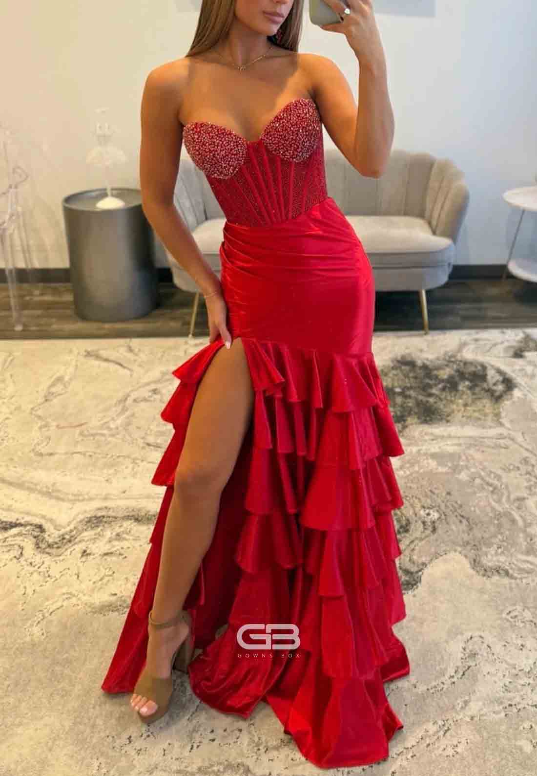 Low Back Beaded High Slit Strapless Floor-Length Prom Dresses with Ruffles
