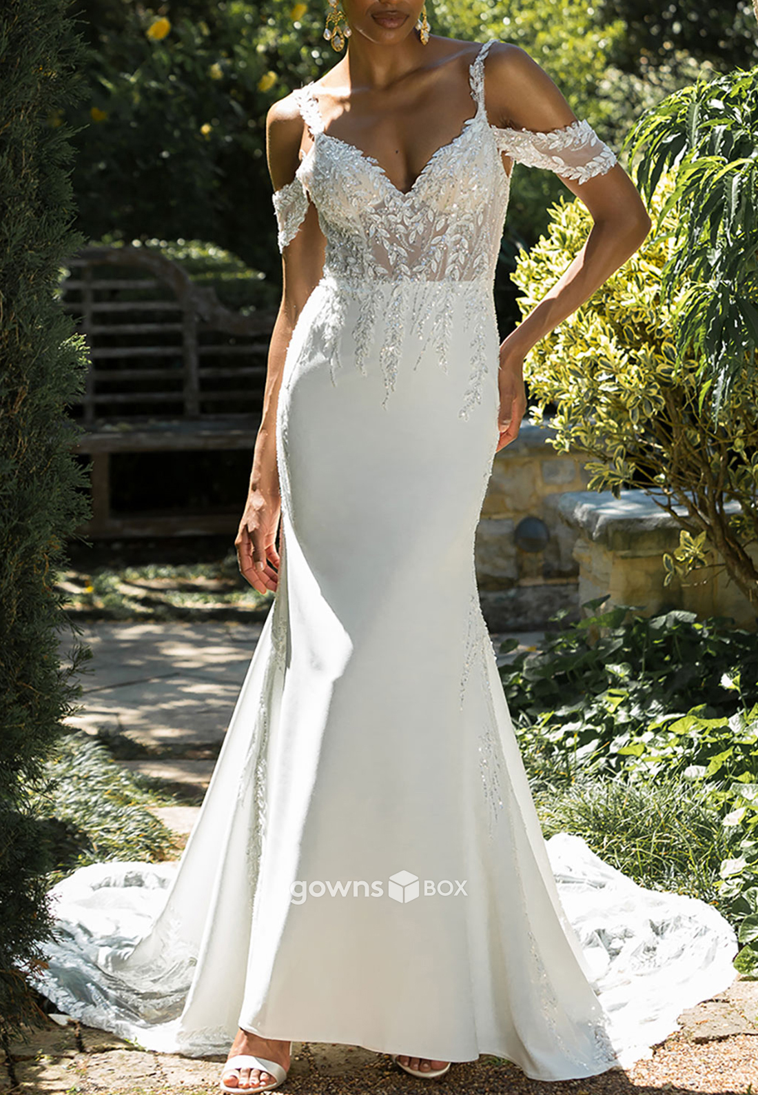 Satin Appliqued Off-Shoulder Sleeveless Court Train Sequined Open Back Wedding Dresses 