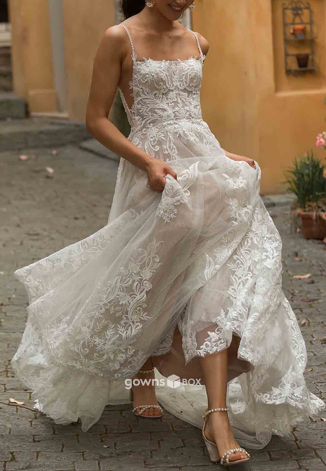 Spaghetti Straps Square Neck Wedding Dresses
