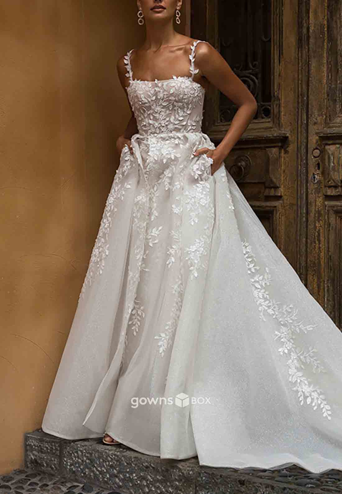 High Slit Tulle Covered Button Wedding Dresses