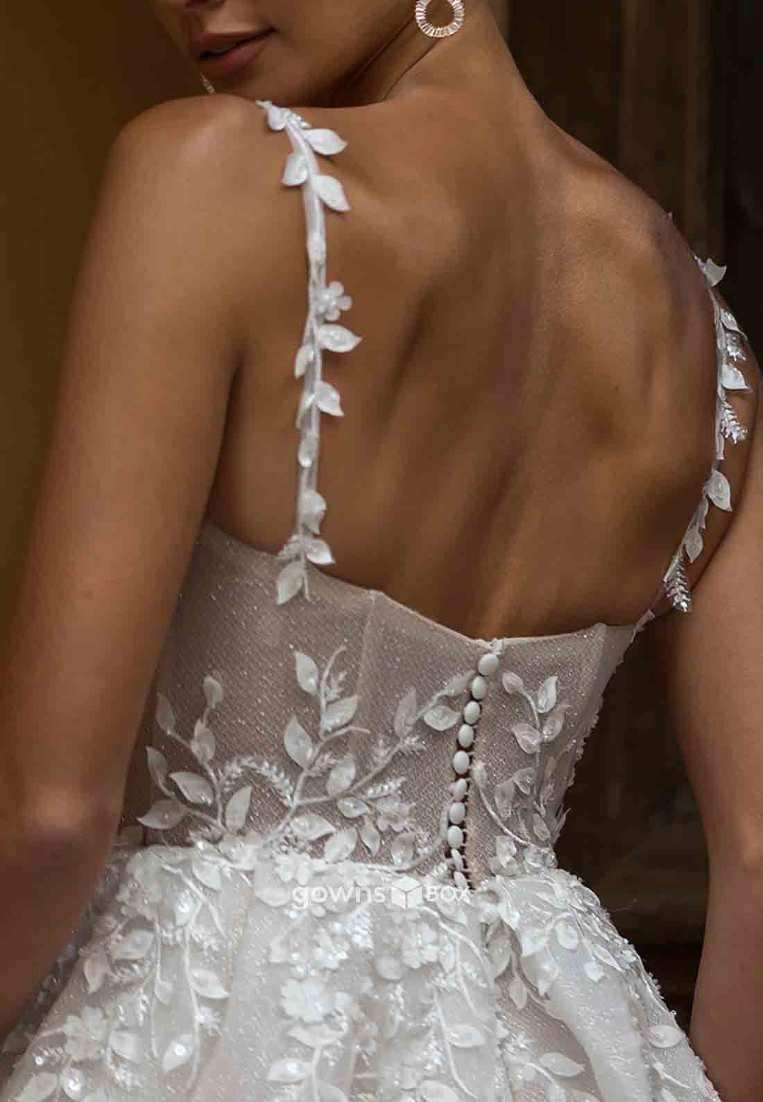 High Slit Tulle Covered Button Wedding Dresses