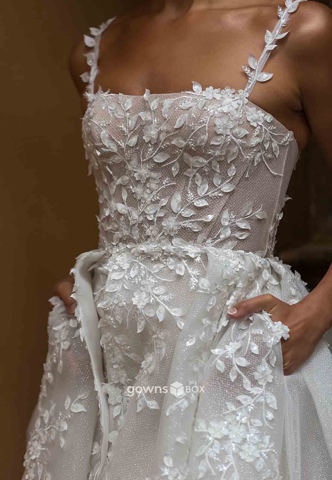 High Slit Tulle Covered Button Wedding Dresses