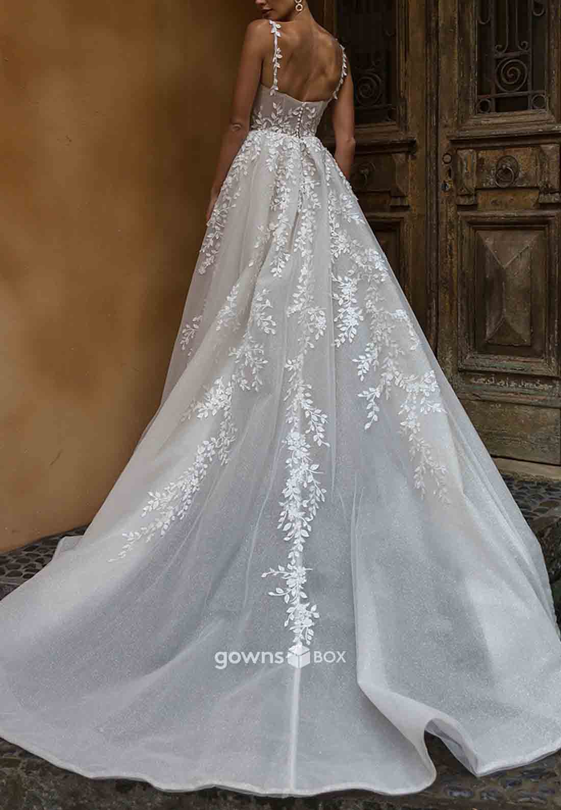 High Slit Tulle Covered Button Wedding Dresses
