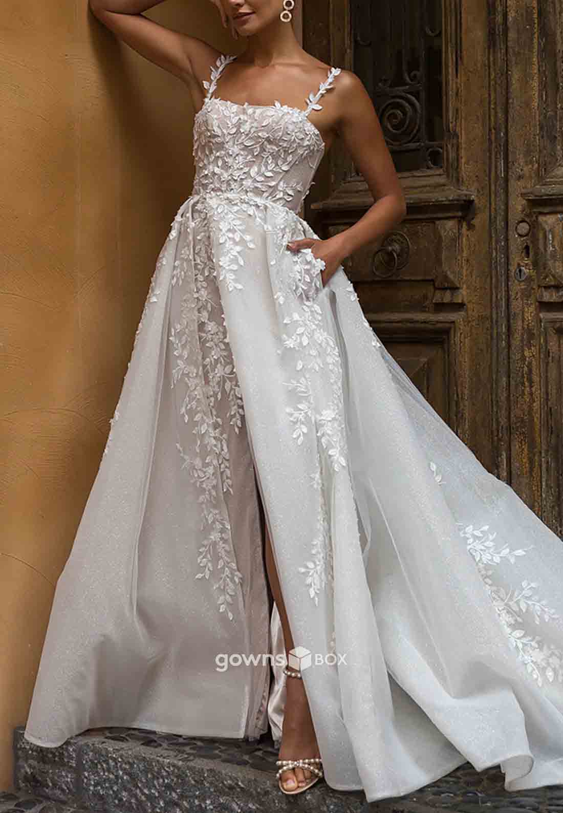 High Slit Tulle Covered Button Wedding Dresses