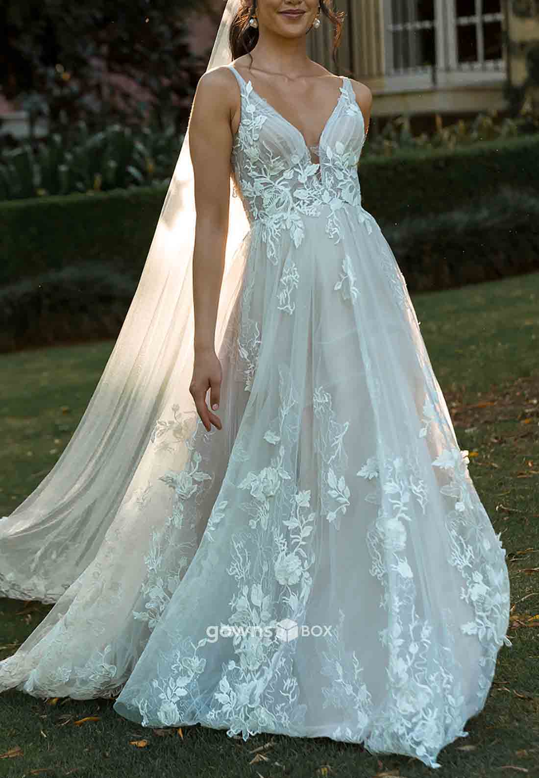 Regular Straps Low V-Neck Low Back A-Line Sweep Train Wedding Dresses with Appliques