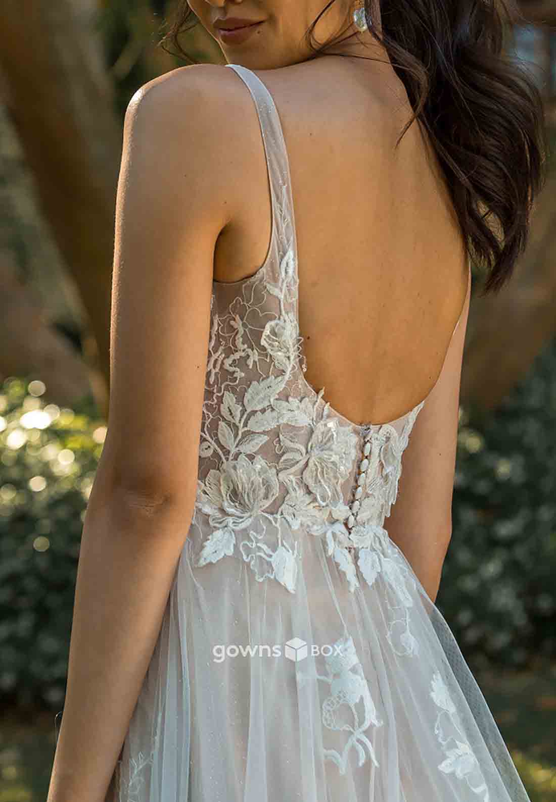 Regular Straps Low V-Neck Low Back A-Line Sweep Train Wedding Dresses with Appliques