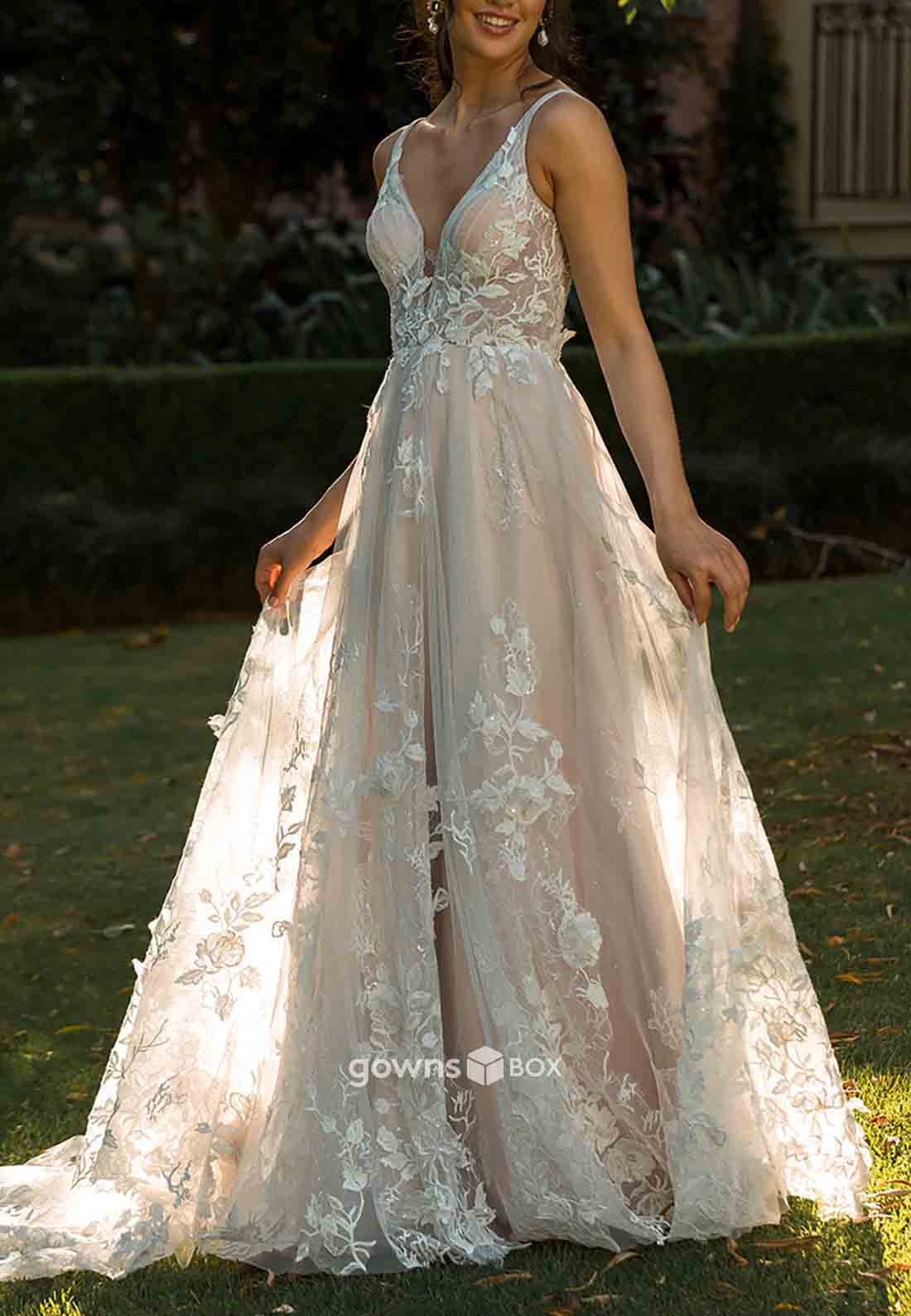 Regular Straps Low V-Neck Low Back A-Line Sweep Train Wedding Dresses with Appliques