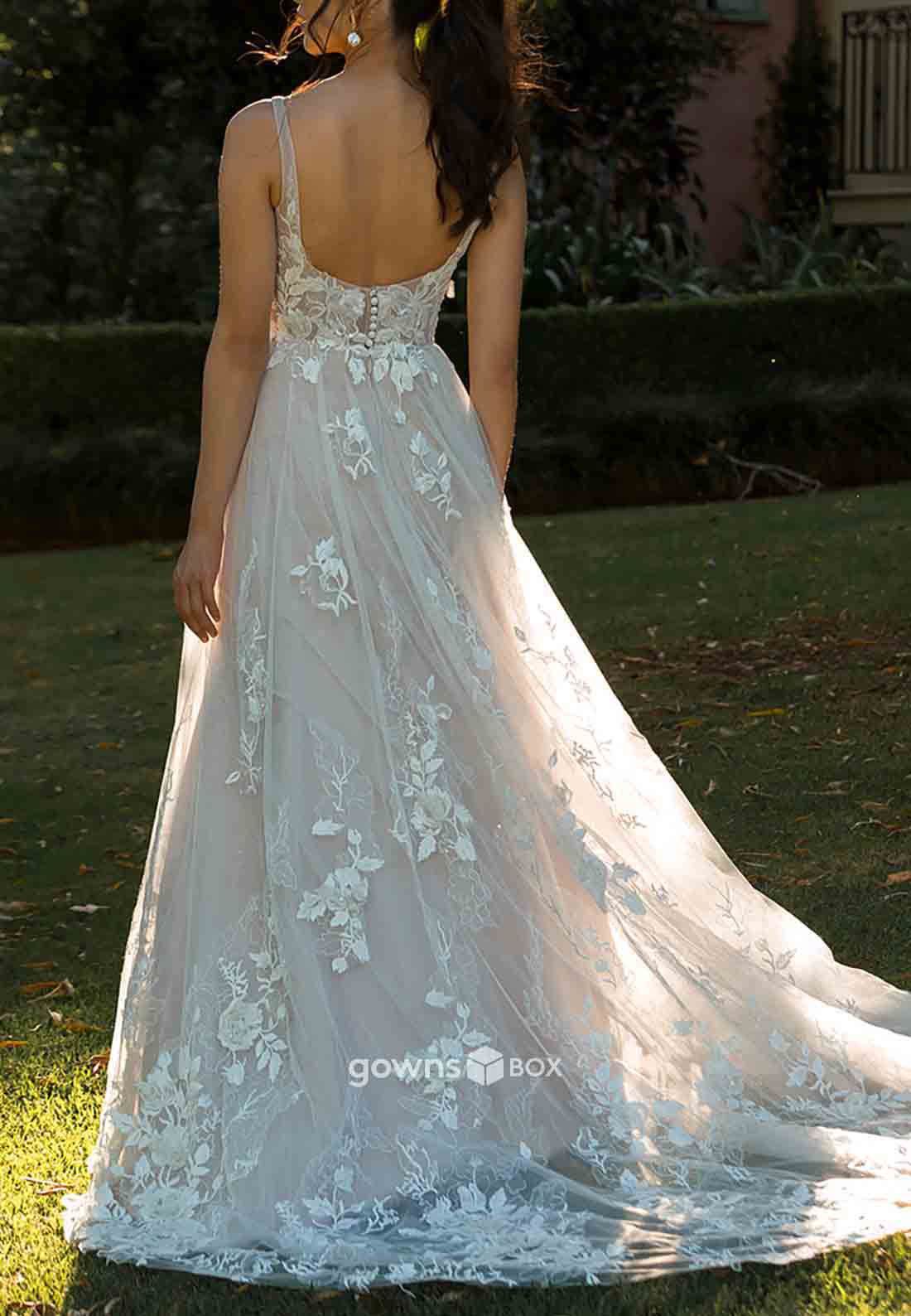 Regular Straps Low V-Neck Low Back A-Line Sweep Train Wedding Dresses with Appliques