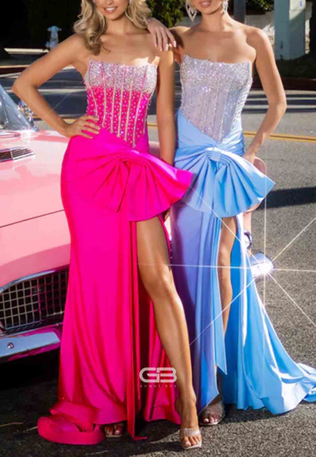 High Slit Strapless Floor-Length Beaded Trumpet Prom Dresses with Bowknot