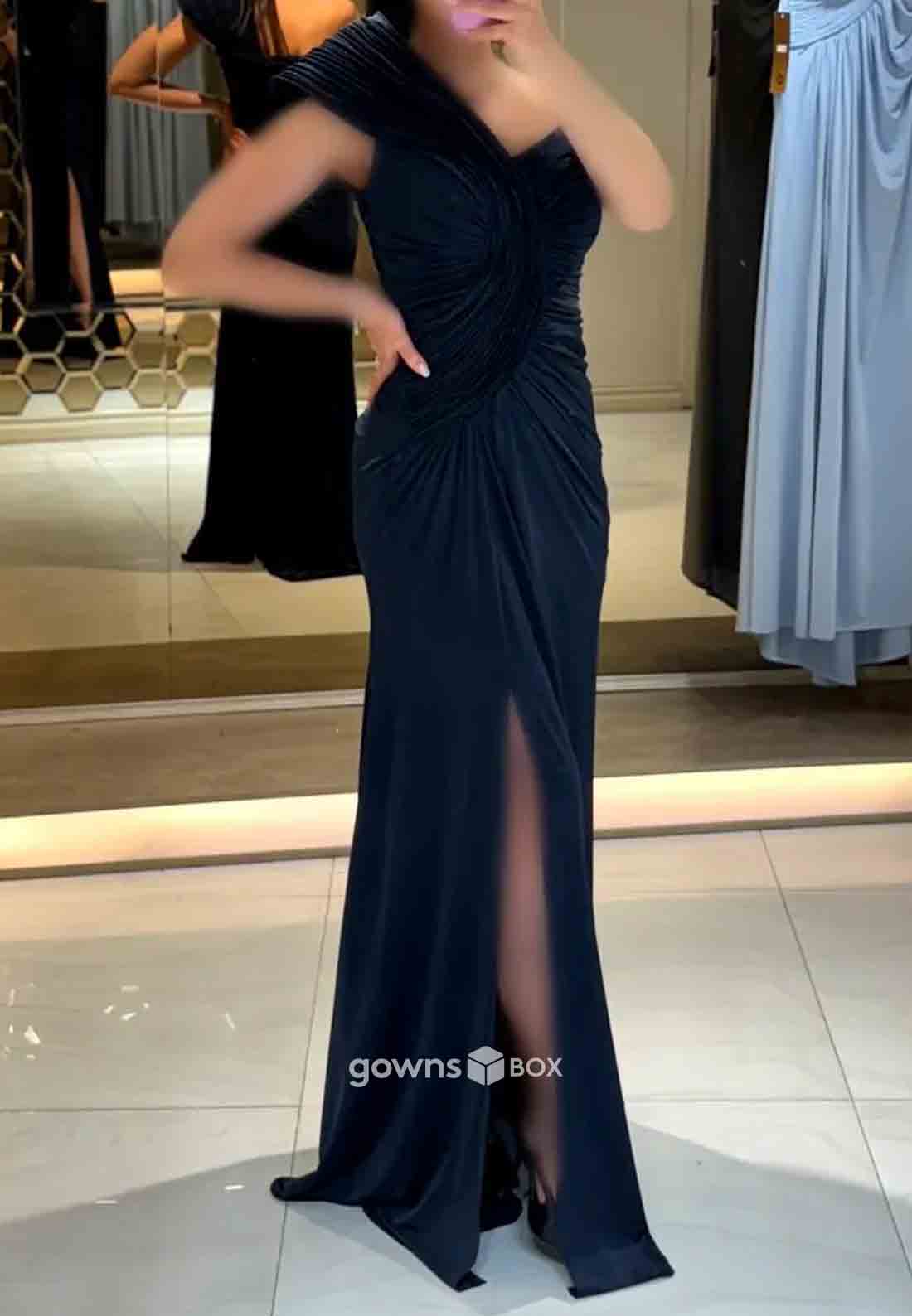 One Shoulder Side Slit Ruched Floor-Length Mermaid Evening Gowns-GownsBox