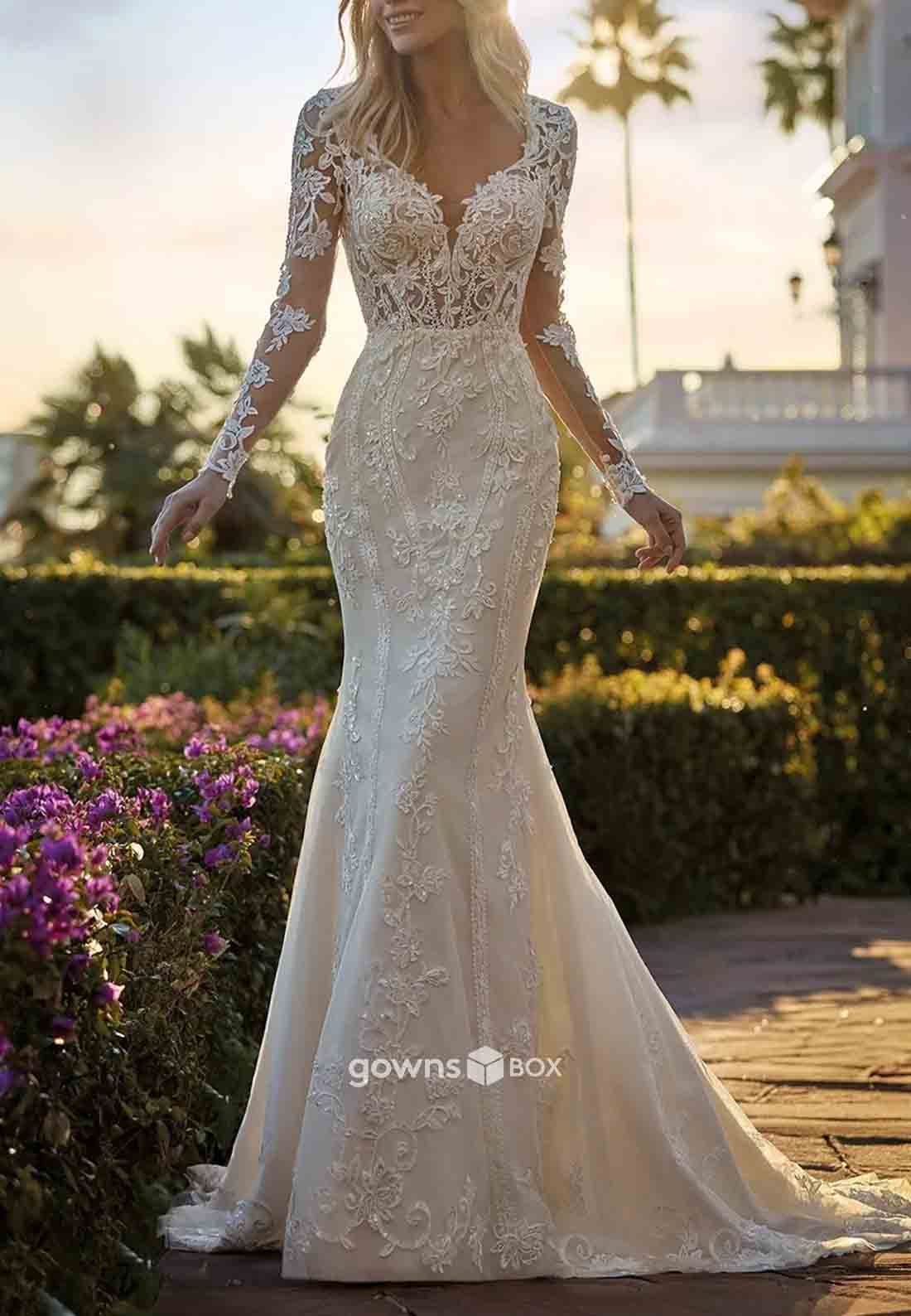 Long Sleeves Lace Trumpet Pleated Sweep Train Vintage Wedding Dresses-GownsBox