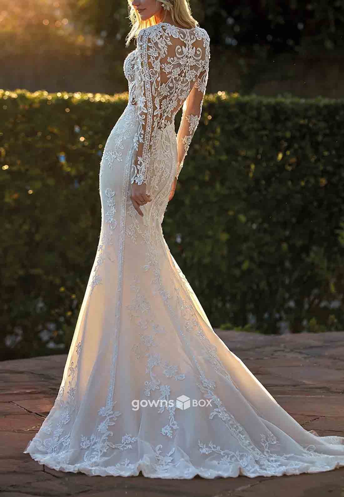 Long Sleeves Lace Trumpet Pleated Sweep Train Vintage Wedding Dresses-GownsBox