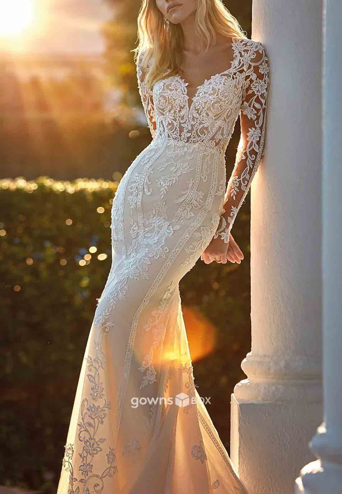 Long Sleeves Lace Trumpet Pleated Sweep Train Vintage Wedding Dresses-GownsBox