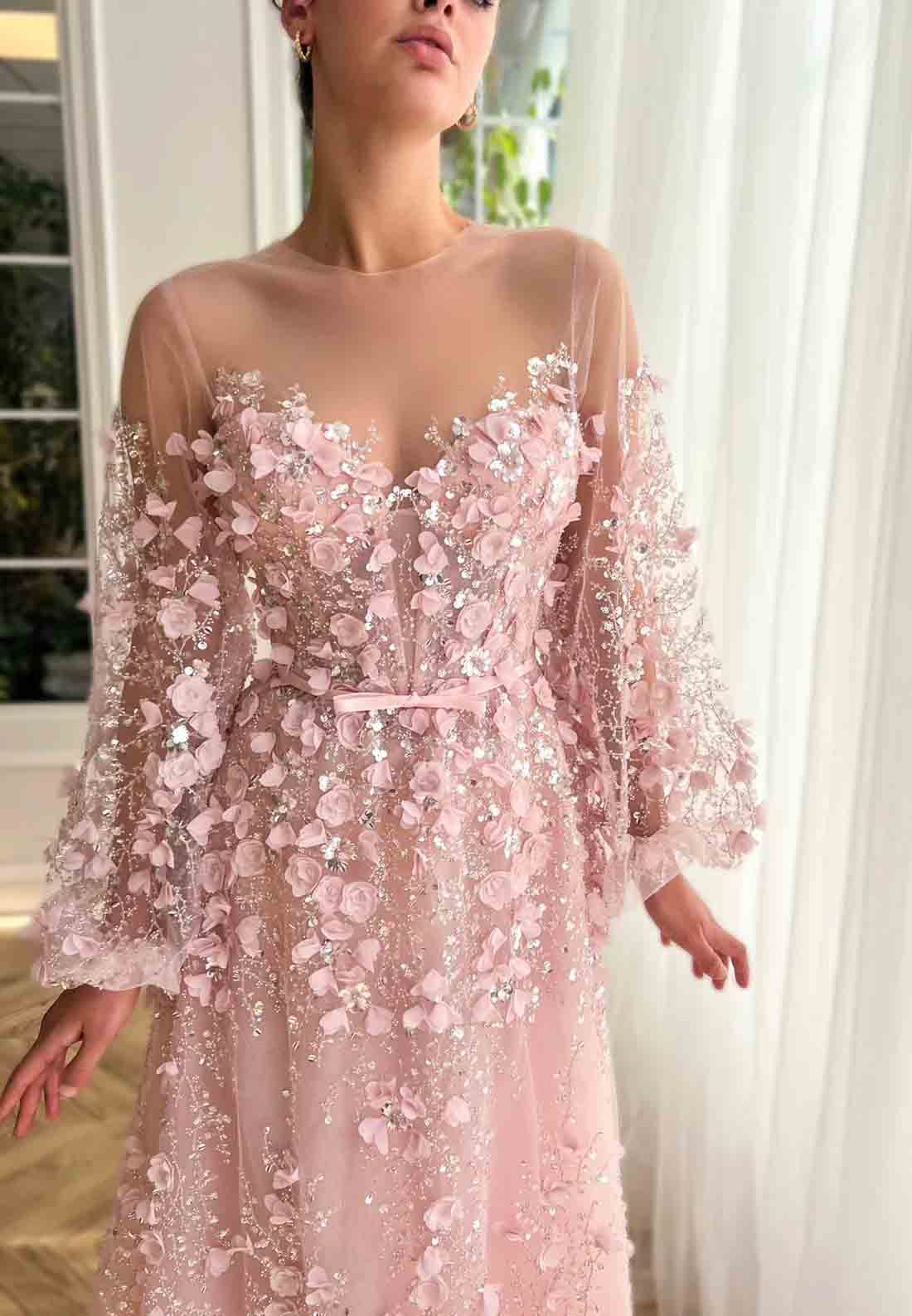 Pink A-Line Illusion Neck Long Sleeves Evening Gown with Embroidery