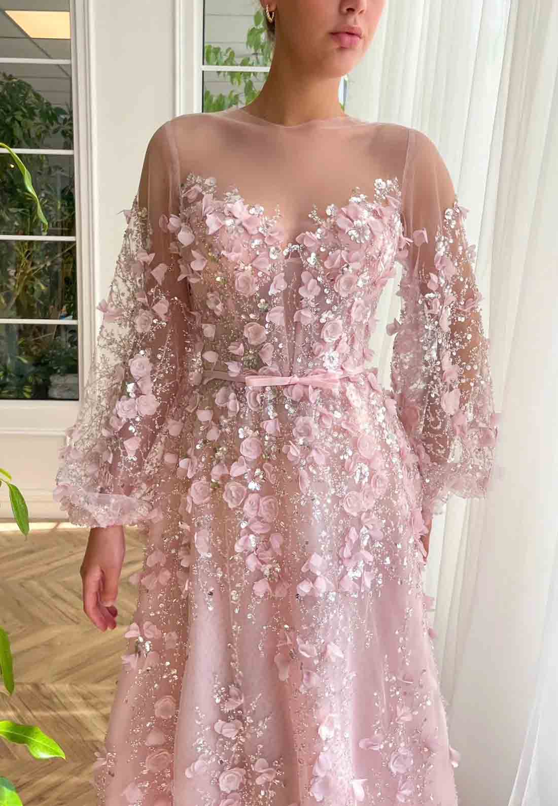 Pink A-Line Illusion Neck Long Sleeves Evening Gown with Embroidery