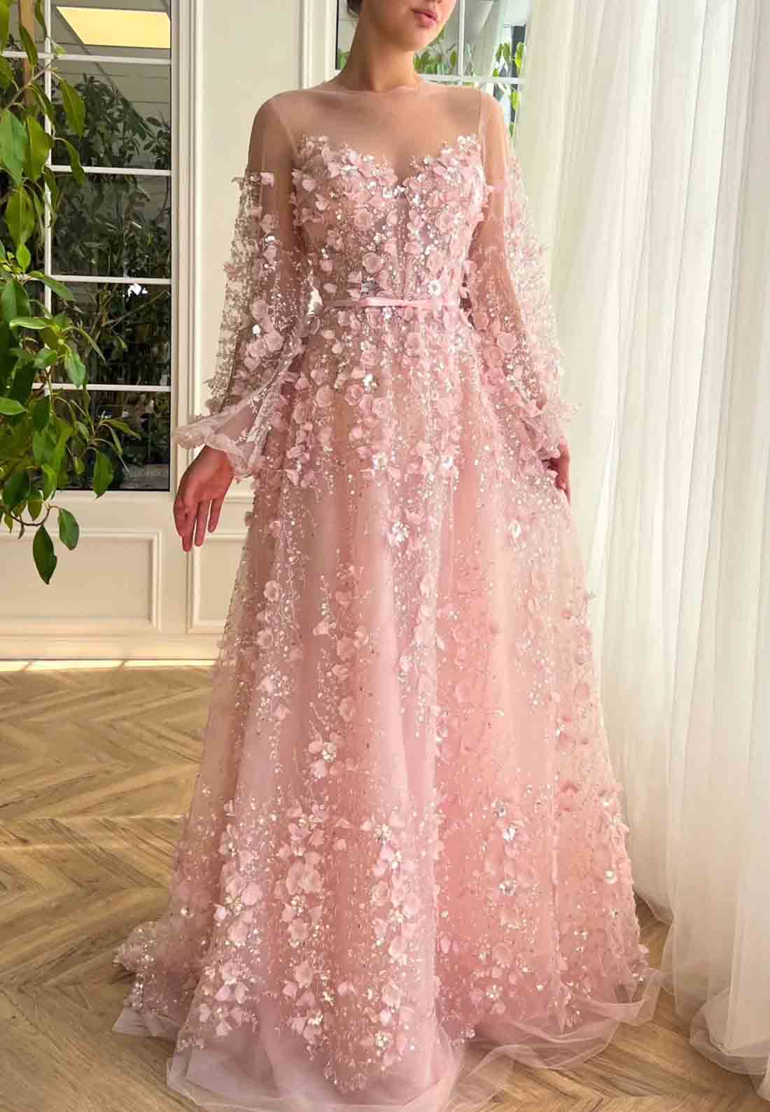 Pink A-Line Illusion Neck Long Sleeves Evening Gown with Embroidery