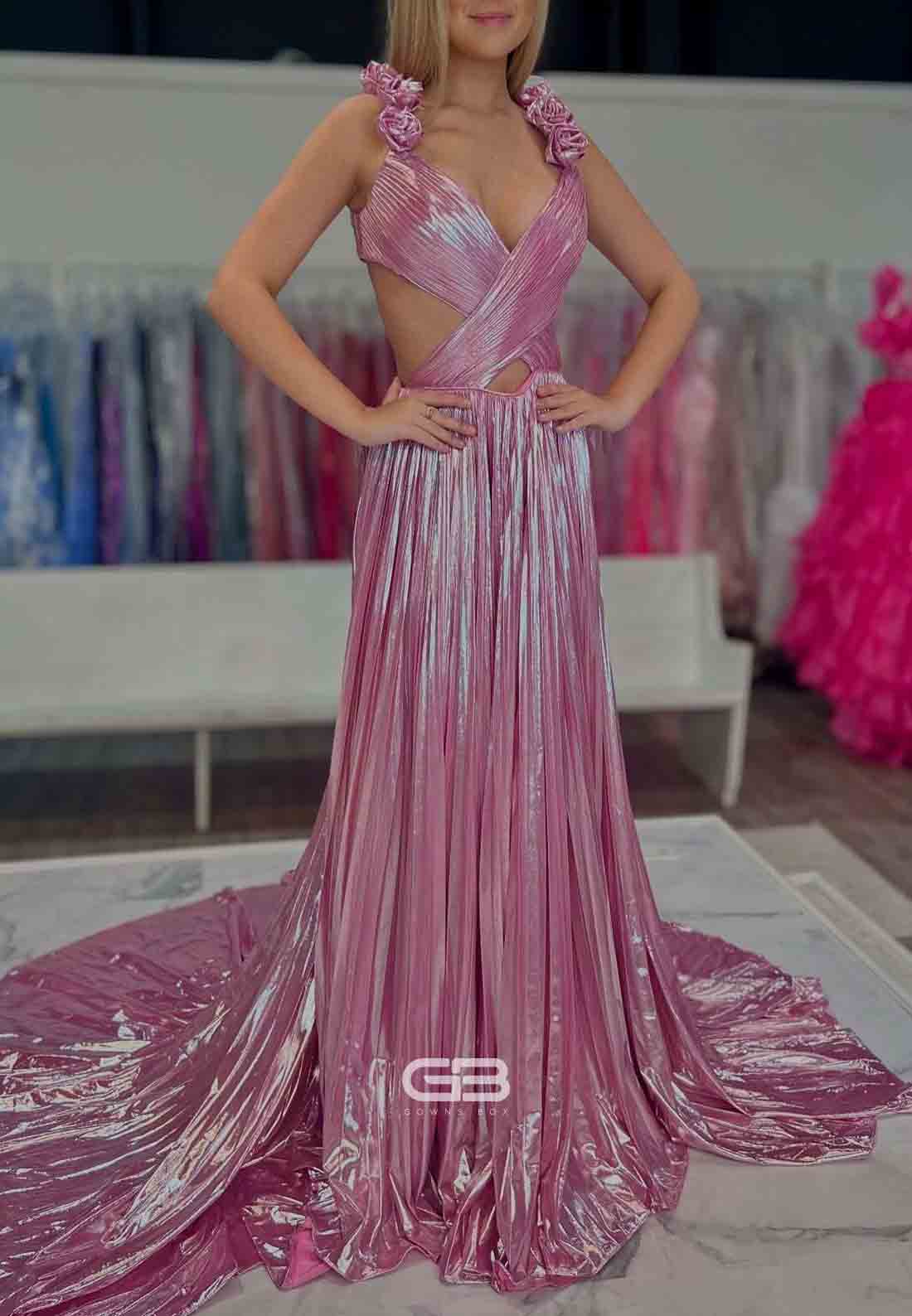 Pink Pleated Metallic Long Dress with Rosette