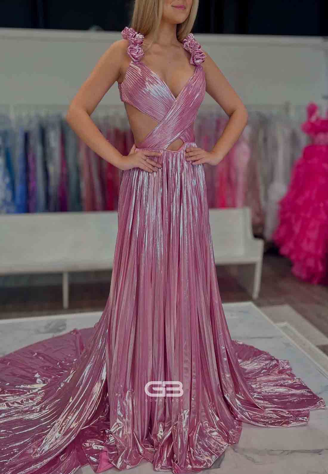 Pink Pleated Metallic Long Dress with Rosette