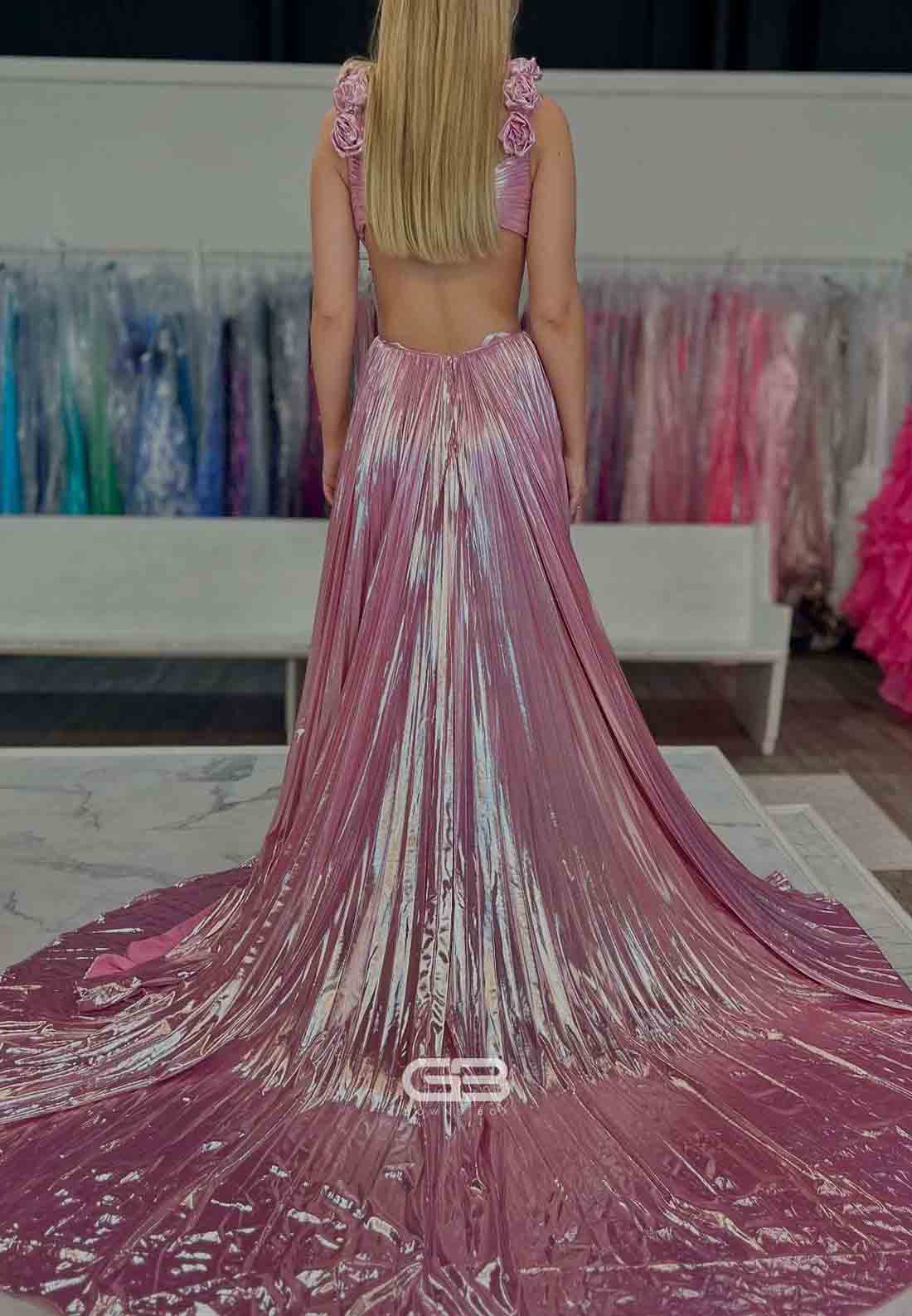 Pink Pleated Metallic Long Dress with Rosette
