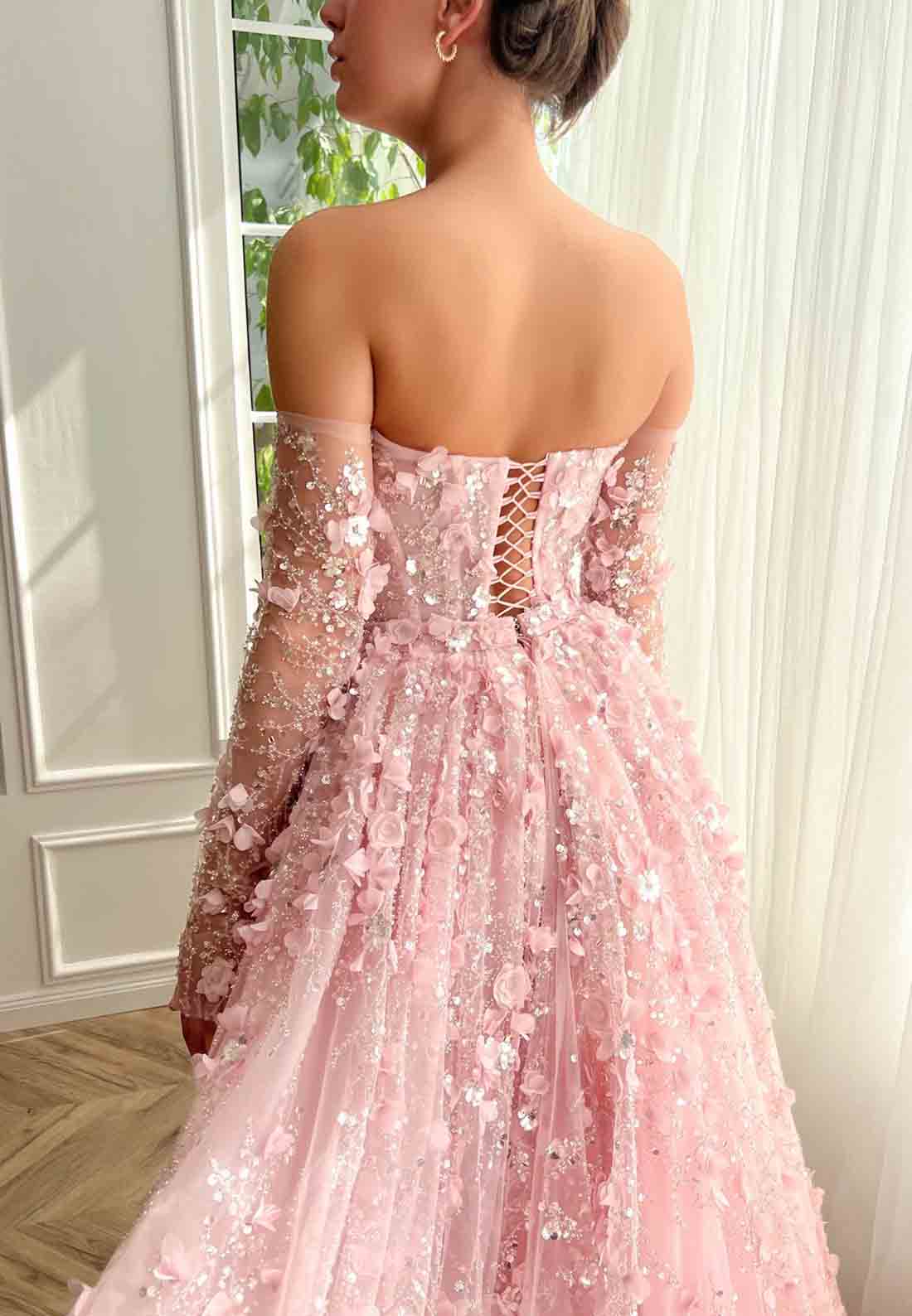 Pink Overskirt and A-Line dress with Off the Shoulder Long Sleeves and Embroidery