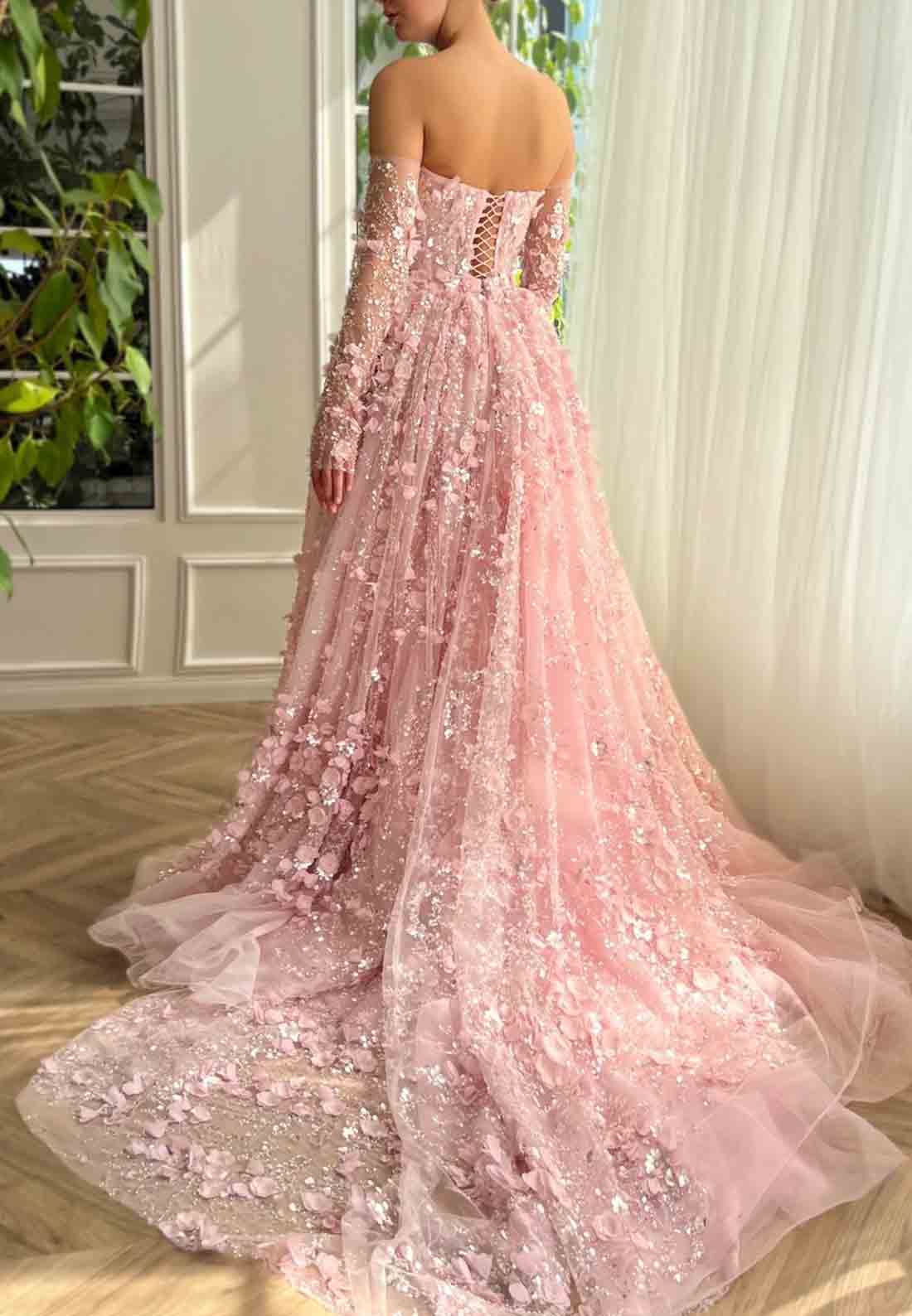 Pink Overskirt and A-Line dress with Off the Shoulder Long Sleeves and Embroidery