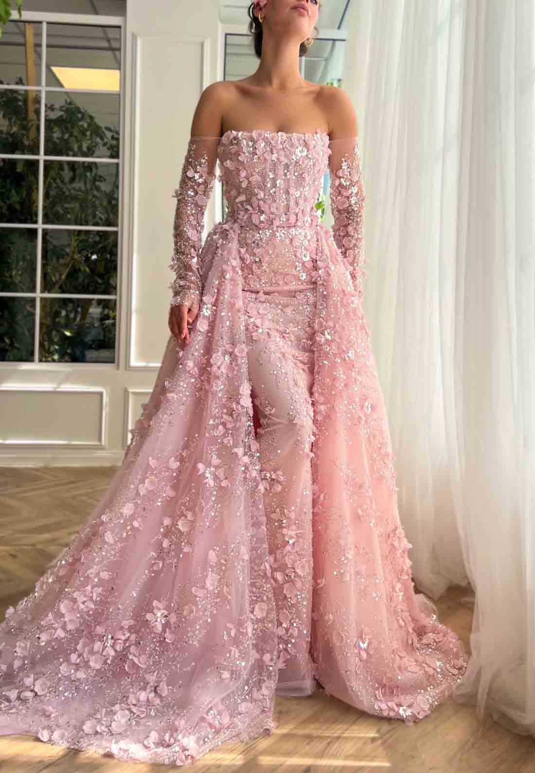 Pink Overskirt and A-Line dress with Off the Shoulder Long Sleeves and Embroidery