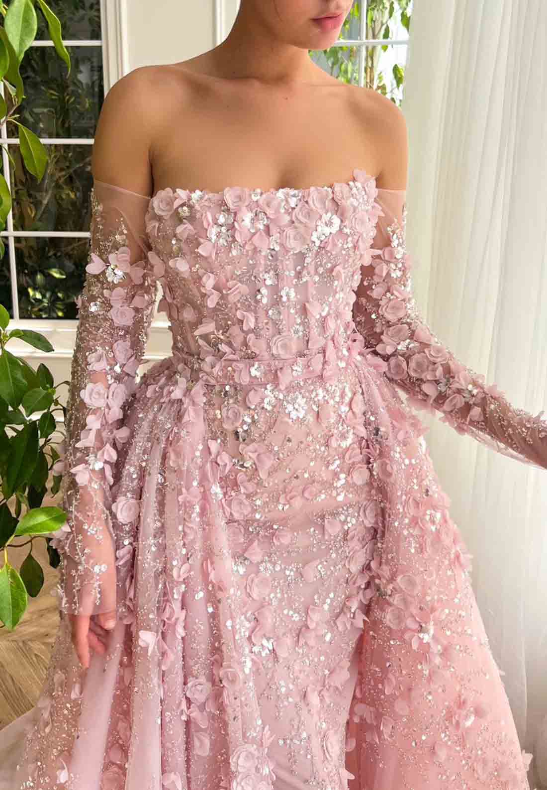 Pink Overskirt and A-Line dress with Off the Shoulder Long Sleeves and Embroidery