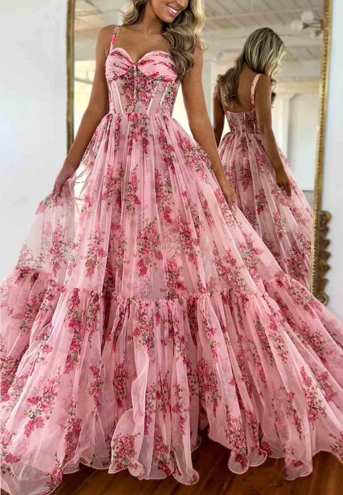 Pink Floral Print Romantic A-Line Spaghetti Straps Long Tulle Prom Dress 
