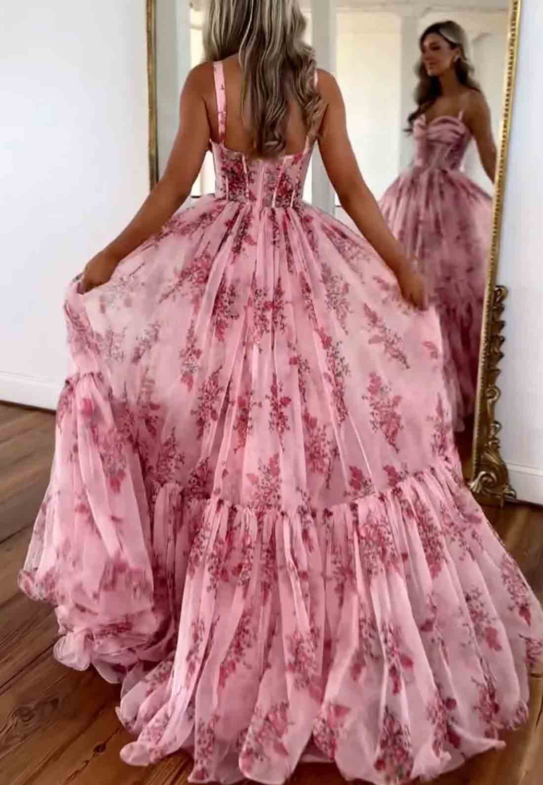 Pink Floral Print Romantic A-Line Spaghetti Straps Long Tulle Prom Dress 
