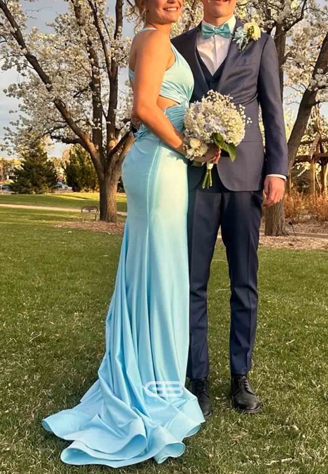 Plunge neck Blue Cut-out Mermaid Long Dress with Rosette 