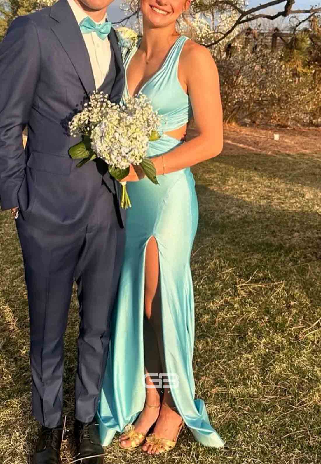 Plunge neck Blue Cut-out Mermaid Long Dress with Rosette 