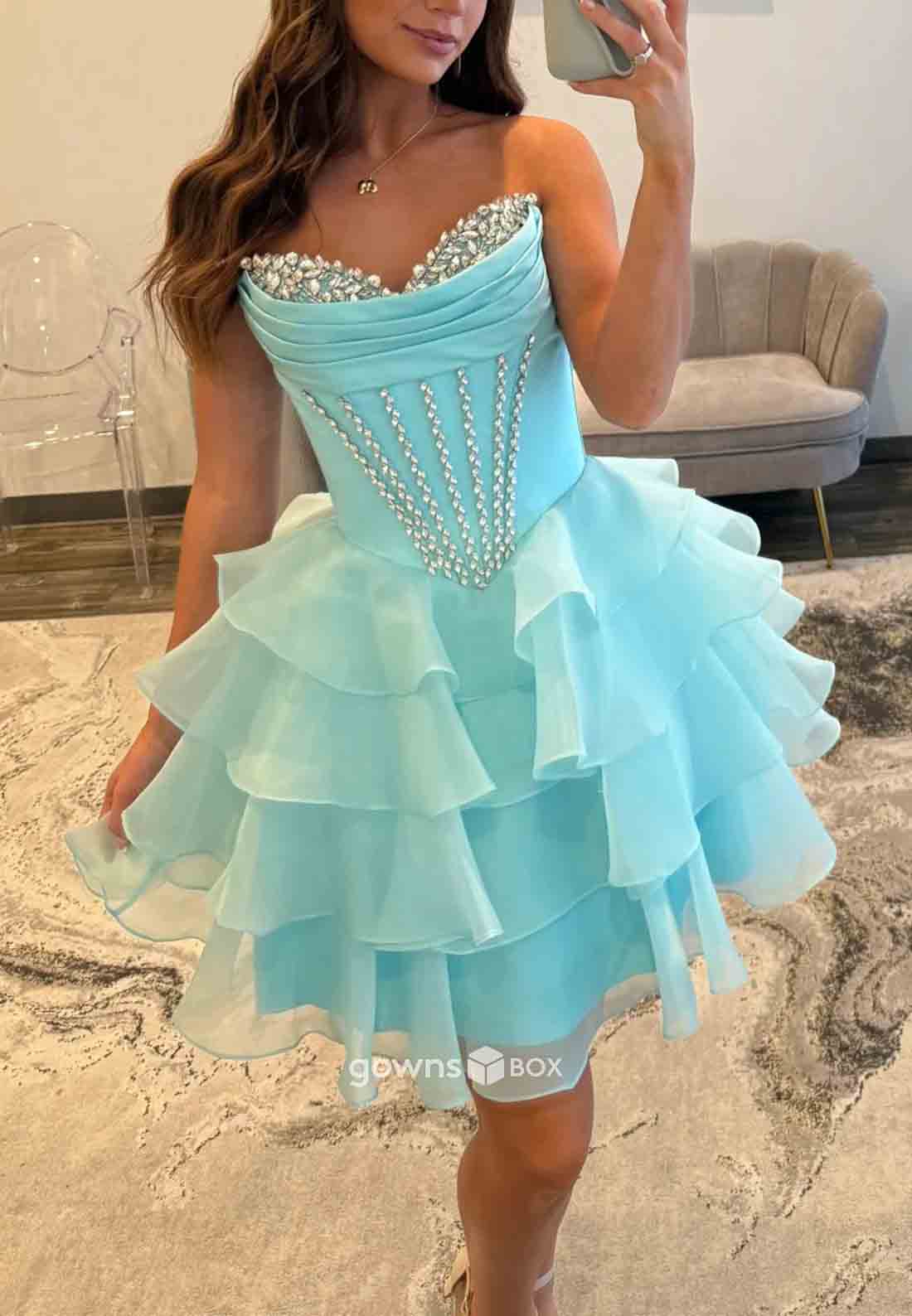 Pretty A Line Sweetheart Blue Corset Homecoming Dress with Beading Ruffles-GownsBox