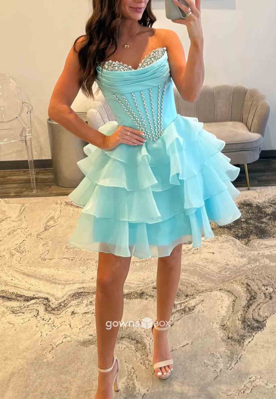 Pretty A Line Sweetheart Blue Corset Homecoming Dress with Beading Ruffles-GownsBox