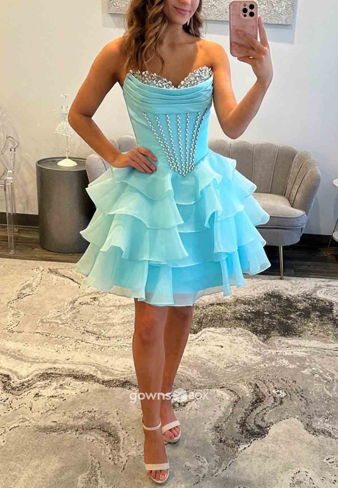 Pretty A Line Sweetheart Blue Corset Homecoming Dress with Beading Ruffles-GownsBox