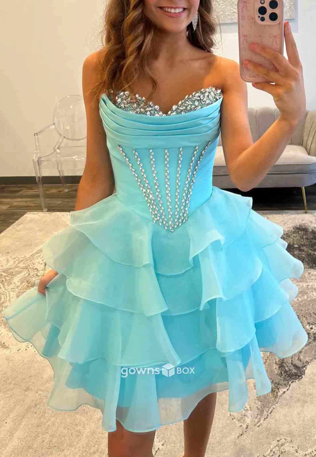 Pretty A Line Sweetheart Blue Corset Homecoming Dress with Beading Ruffles-GownsBox